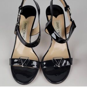 Jimmy Choo Black Patent Leather Ankle-Strap Sandals with Silver Accent